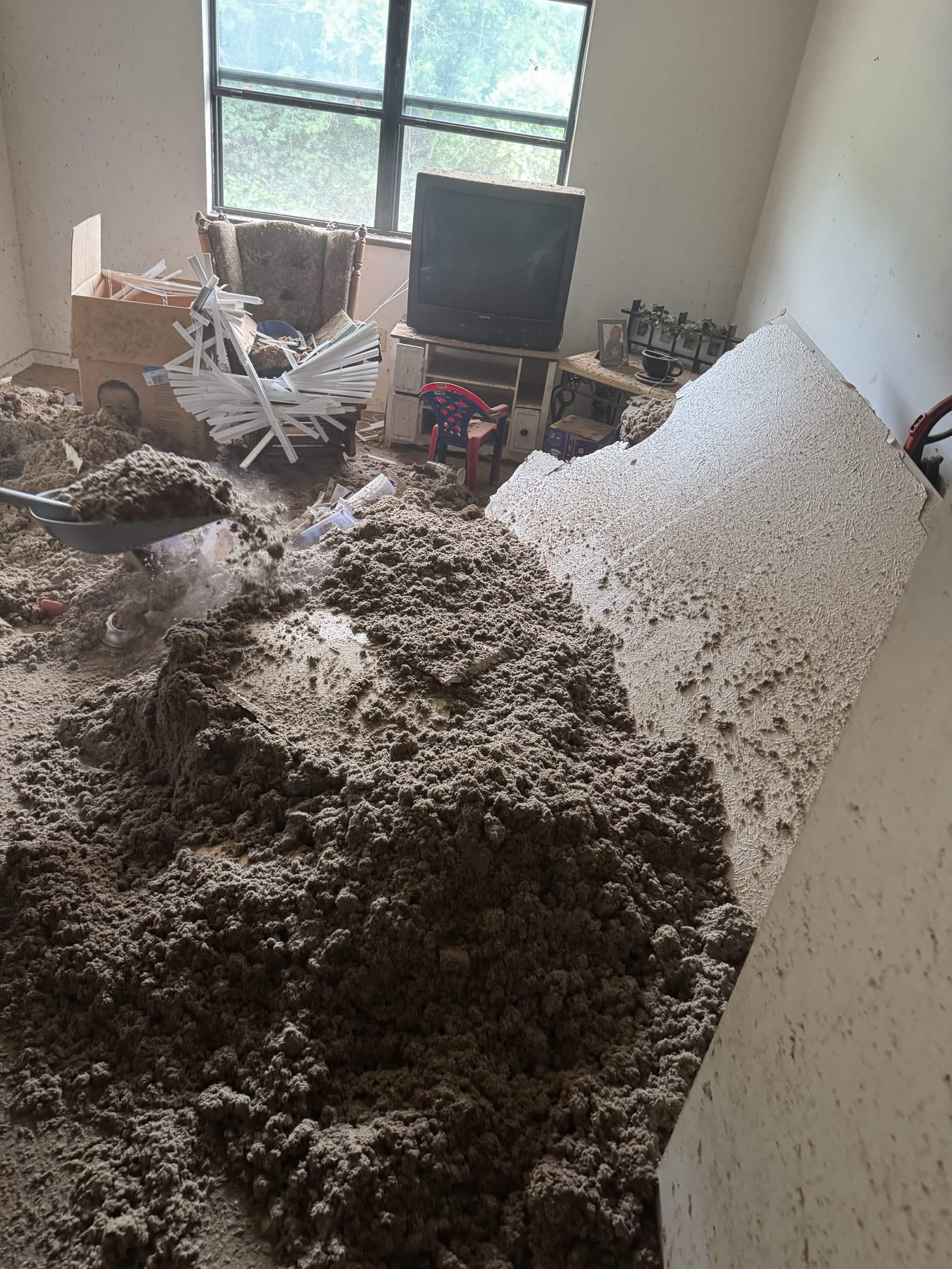 Living room buried in collapsed ceiling insulation and debris before a Western Kentucky property cleanout